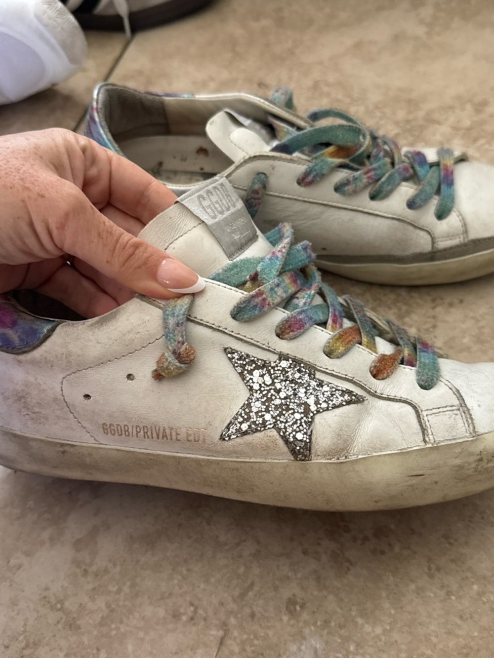 Golden Goose Iridescent White Leather Low-Top Sneakers with Silver Star